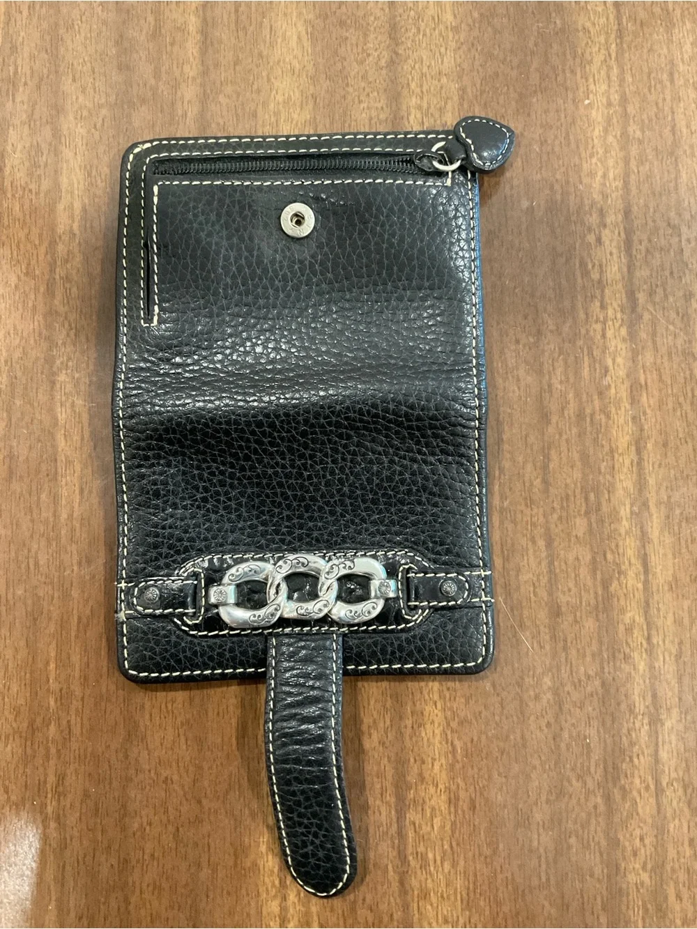 Brighton Black Leather pebble Wallet with Silver Decorative Chain Accent